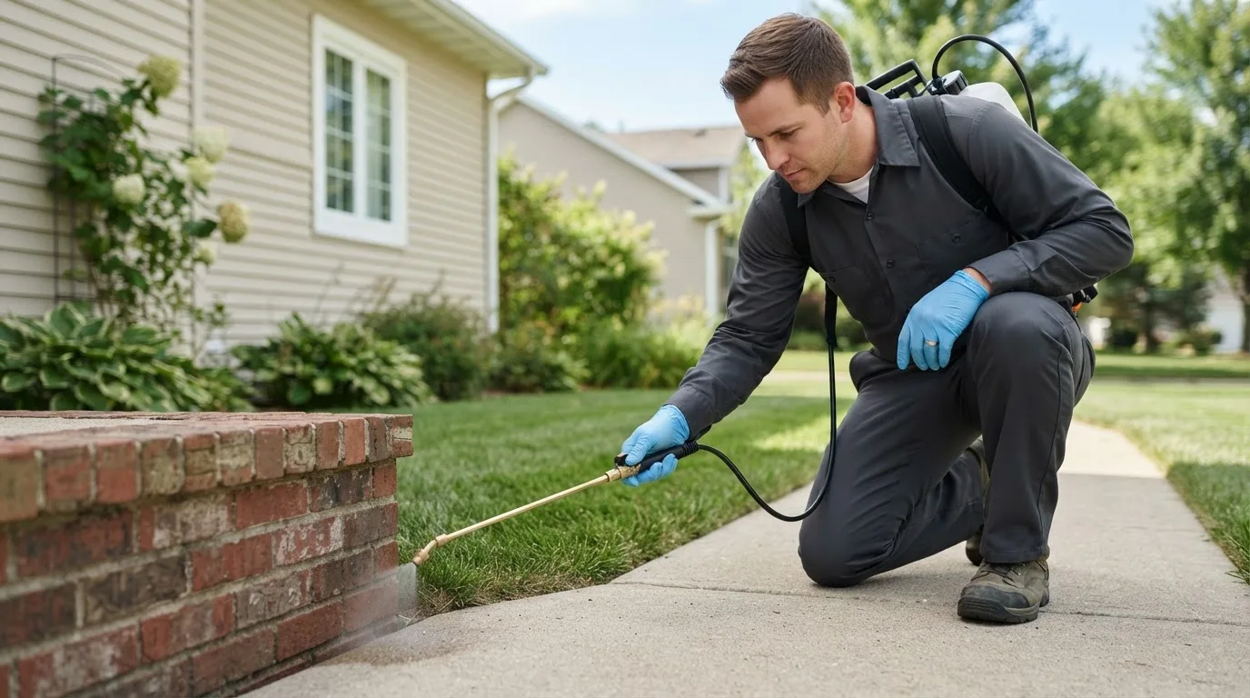 Pest control technician treating a home near Troy, OH